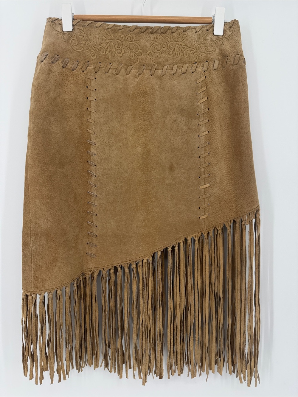 Wet Seal Genuine Suede Fringe Western Boho Midi Skirt Tan Size 0